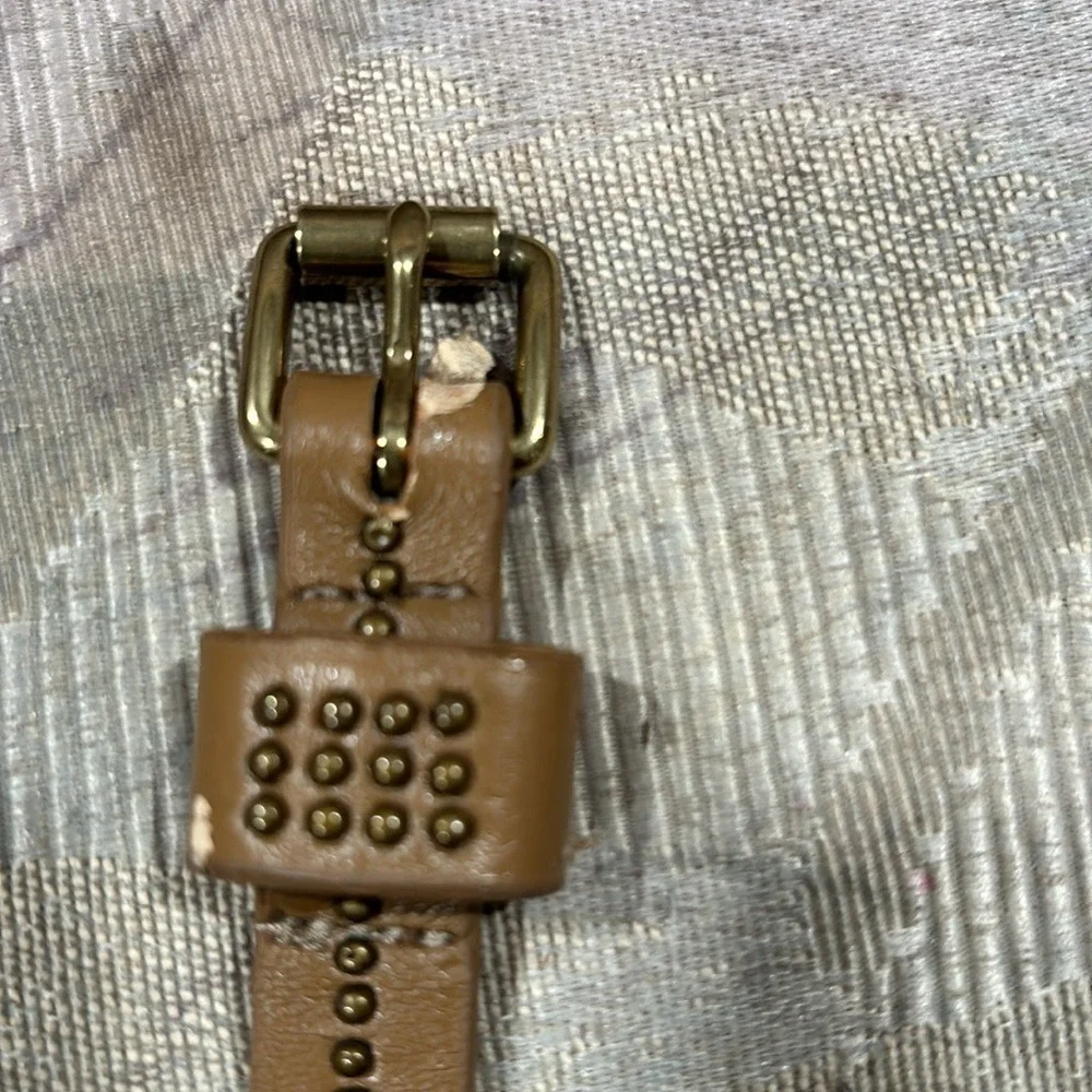 J.Crew Factory Tan Leather Skinny Belt Brass Micro Studded Brown‎ Small 31.5in